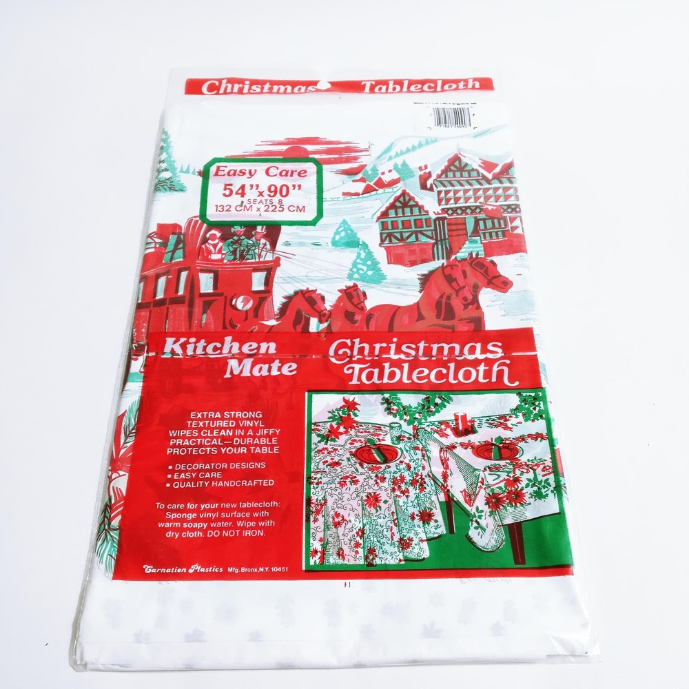 Vtg Christmas Table Cloth Stage Coach Victorian Village kids Caroler Holly New